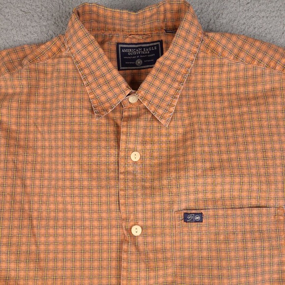 American Eagle Shirt Mens Medium Orange Plaid Button Down Short Sleeve Cotton - Picture 2 of 12
